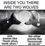 Inside you are two wolves  One snores like honk shoo honk shoo The other snores like hooooooooook mi mi mi mi