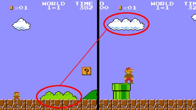 Imagen del primer Mario Bros en la que se ve que las nubes y los arbustos son el mismo sprite