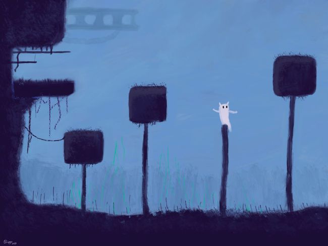 Fanart básico de uno de los primeros niveles de Rain World, el gatobabosa subido a una plataforma sin monstruos alrededor